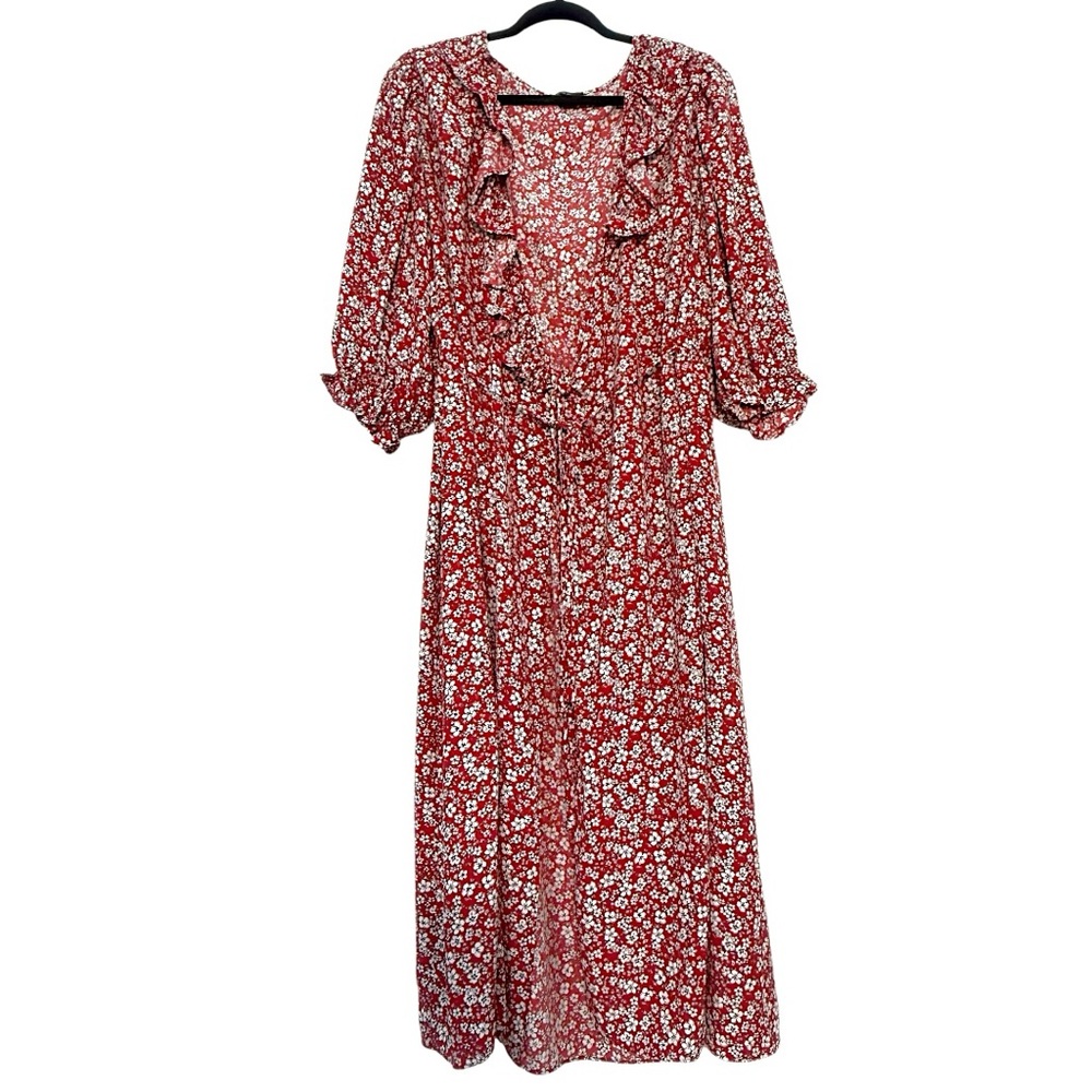 Red and White Maxi Sundress with Bishop Sleeves wrap style